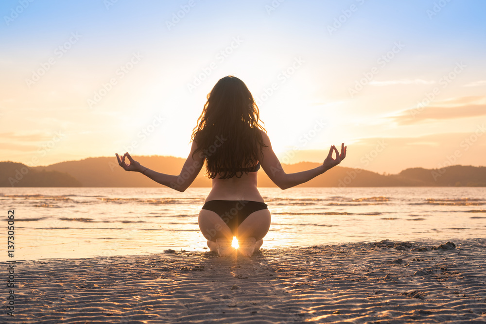 Image of Yoga on sunset or sunrise. vector illustration.-RA265574-Picxy