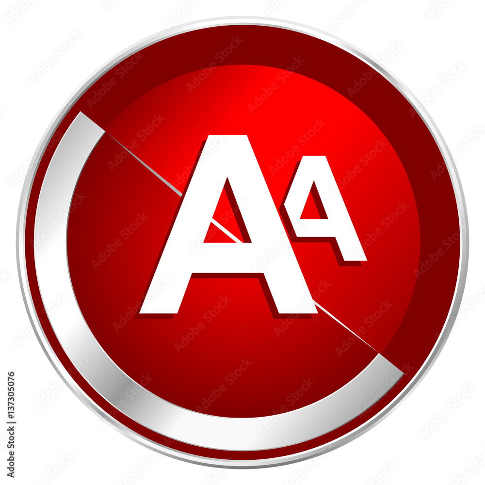 Alphabet red web icon. Metal shine silver chrome border round button isolated on white background. Circle modern design abstract sign for smartphone applications. Alphabet red web icon. Metal shine silver chrome border round button isolated on white background. Circle modern design abstract sign for smartphone applications.