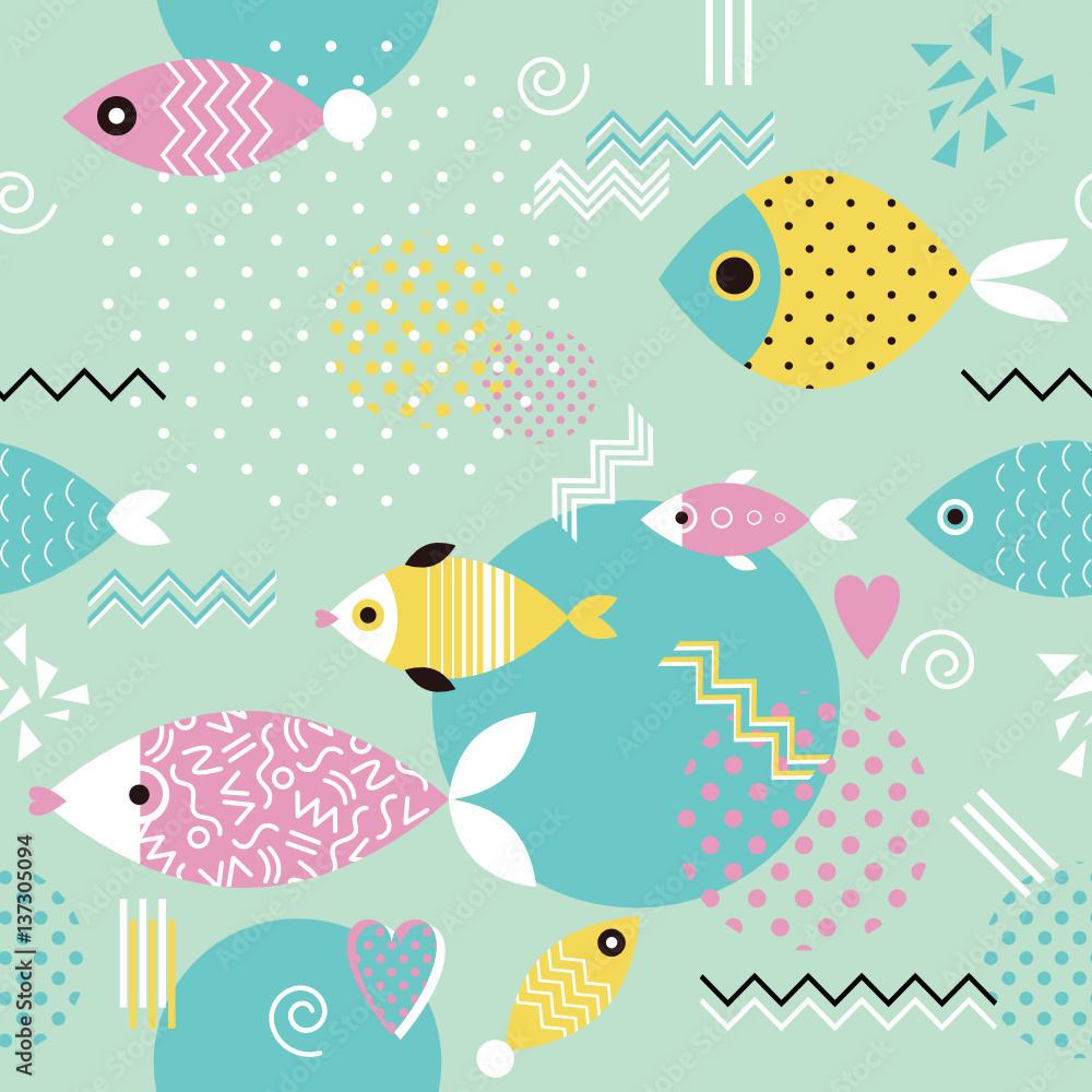 pattern with geometric fish in memphis style pattern with geometric fish in memphis style