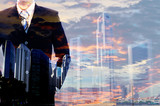 Double exposure, businessman view sunset contemporary city background. leadership,..Double exposure, businessman wearing trendy suit view sunset contemporary city background. Man power, leadership,..