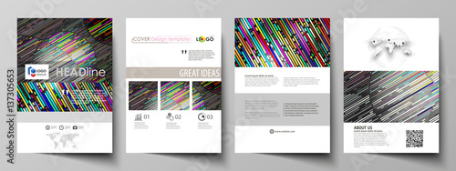 Business templates for brochure  magazine  flyer  booklet. Cover design template  vector layout in A4 size. Colorful background made of stripes. Abstract tubes and dots. Glowing multicolored texture.
