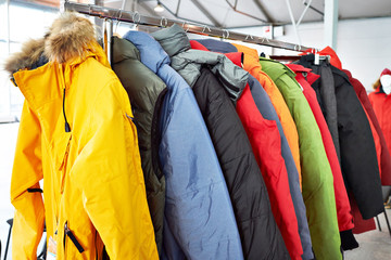 Winter ski sports jacket on hanger in  store
