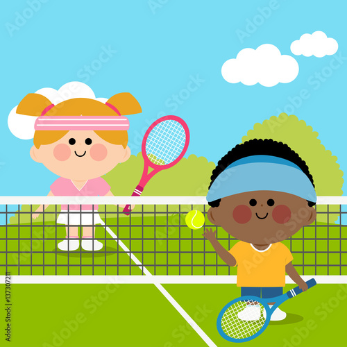 Children playing tennis. Vector illustration	