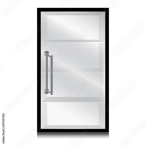 Black cabinet and glass door with the door handle on a white background.