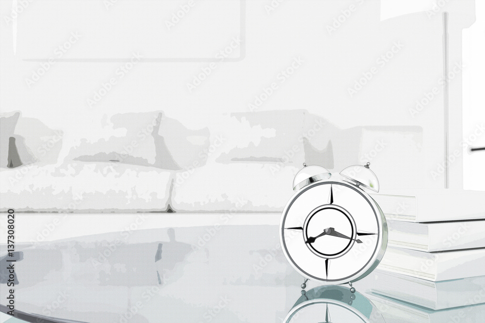Obraz premium 3d rendering : illustration of retro alarm clock put on wooden table.with blurred living room in bakcground.morning.wake up to rest concept.copyspace. comic halftone picture style process