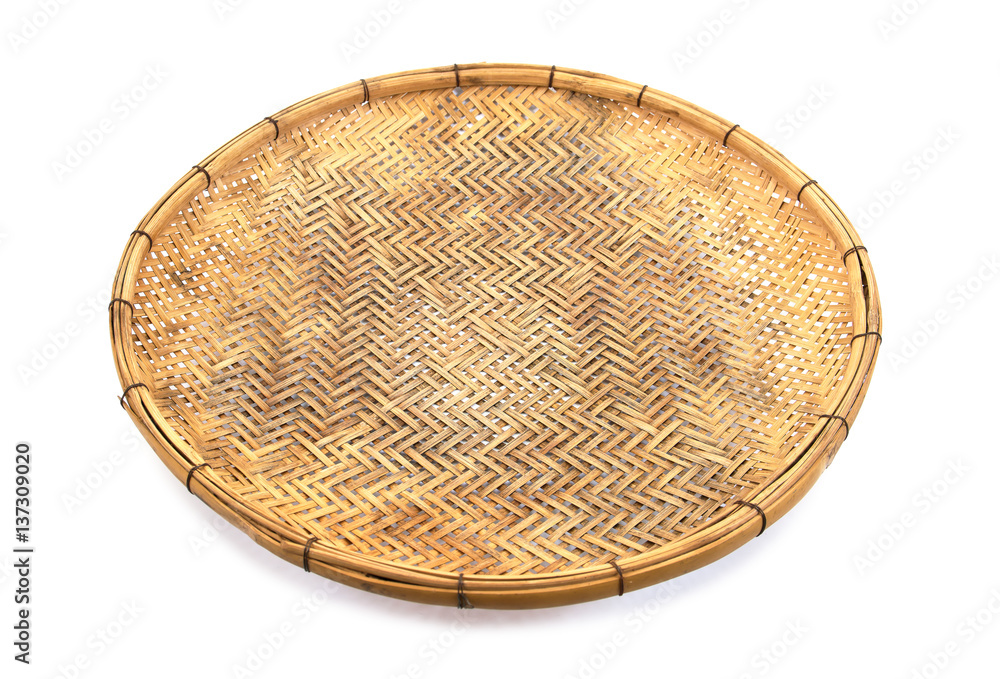 Bamboo basket hand made isolated on white background. Woven from bamboo tray.Bamboo tray isolated.Old bamboo tray isolated Bamboo basket hand made isolated on white background. Woven from bamboo tray.Bamboo tray isolated.Old bamboo tray isolated