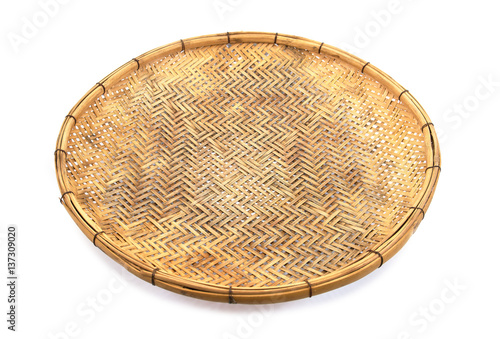 Bamboo basket hand made isolated on white background. Woven from bamboo tray.Bamboo tray isolated.Old bamboo tray isolated