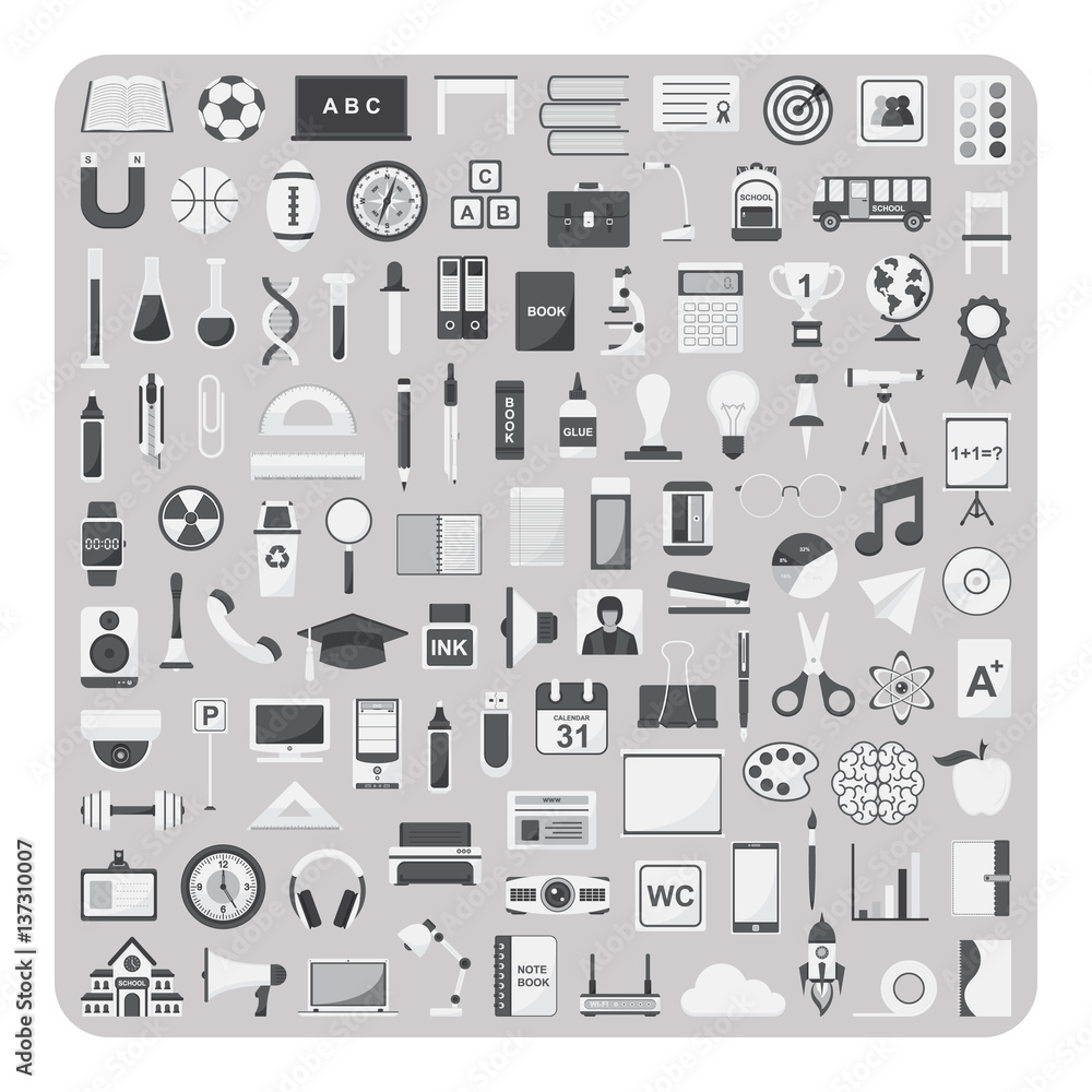 Obraz premium Vector of flat icons, Education and back to school supply set on isolated background