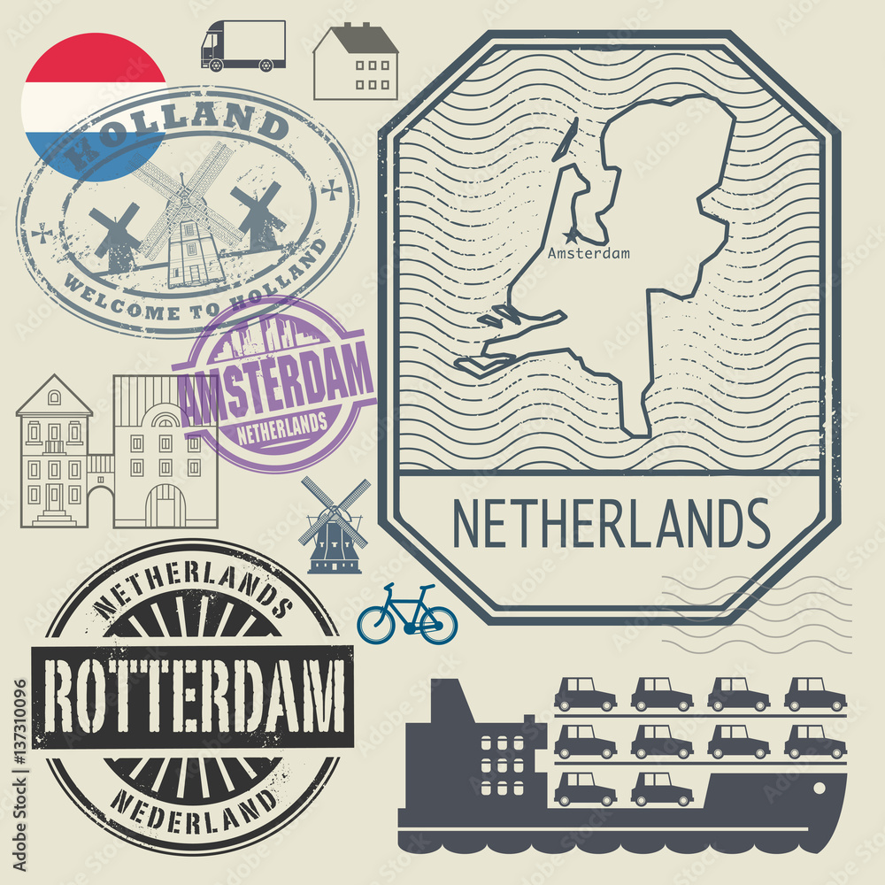 Grunge rubber travel stamp or label set Netherlands theme Grunge rubber travel stamp or label set Netherlands theme
