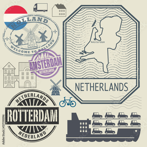 Grunge rubber travel stamp or label set Netherlands theme