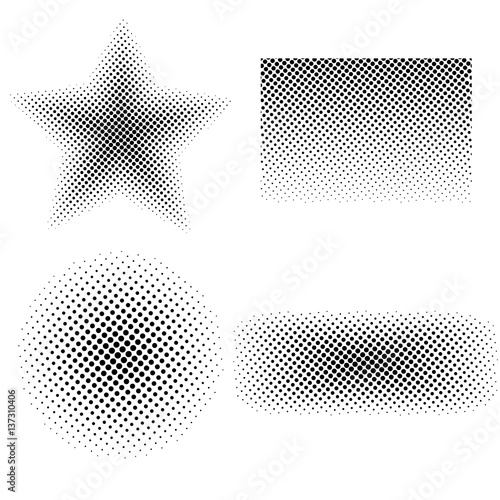 Set of halftone retro textures, gradient monochrome shapes isolated on white background. Vector illustration.