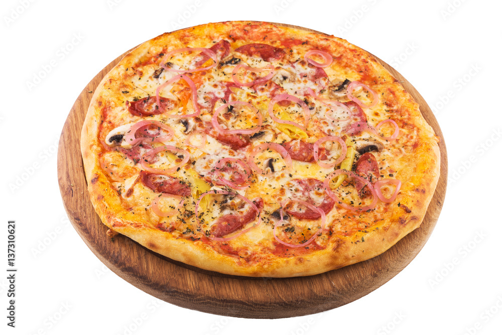 Pizza with meat, peppers and onions