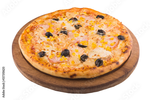 tasty pizza with olives, bacon and corn