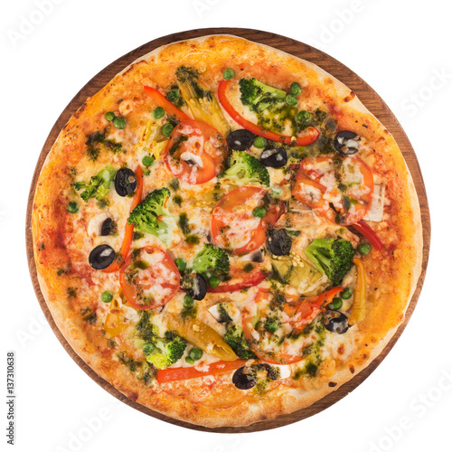 Vegetarian pizza with olives, broccoli, peppers and tomatoes