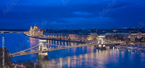 Nice night view on the famous Chain Bridge in Budapest, Hungary