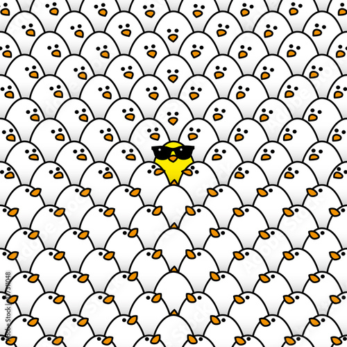Yellow Chick in Sunglasses Surrounded by Staring White Chicks