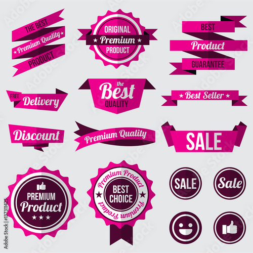 set of pink badges , labels and ribbons. flat design concept. branding and sale decoration. vector illustration.