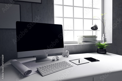 Wallpaper Mural 3D Rendering : illustration of modern interior Creative designer office desktop with PC computer.close up pc laptops mock up working place of graphic design.Mock up.shiny floor.light from outside Torontodigital.ca