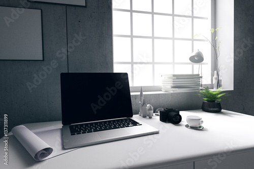 3D Rendering : illustration of modern interior Creative designer office desktop with PC computer.close up pc laptops mock up working place of graphic design.Mock up.shiny floor.light from outside © ittoilmatar
