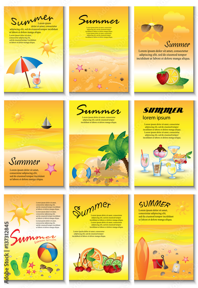 Summer Template Banners Set-Vector Illustration,Graphic Design.Flyer Design With Surfboard,Slippers,Fruit Slice And Ball.Collection Of Modern Posters,Ocean Landscape.For Ads,Advertising,Web Site,Print