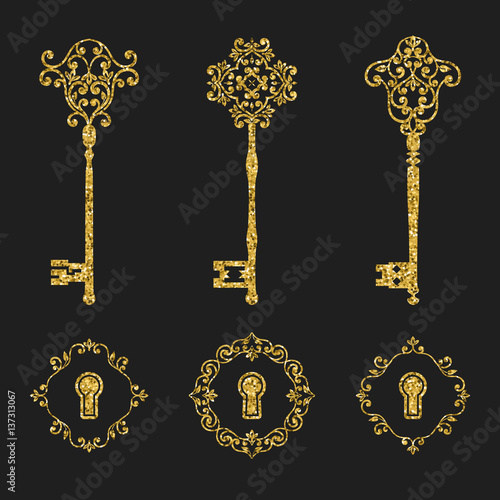 Golden glitter vintage keys and keyholes set. Vector illustration.