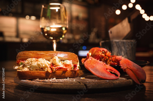 Fotografie, Tablou Lobster and lobster sandwich served with wine