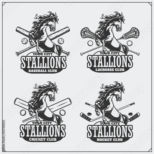 Football, baseball, lacrosse and hockey logos and labels. Sport club emblems with horse.