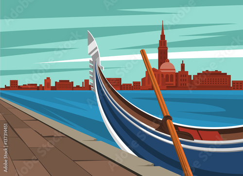 Gondola on the background panorama of Venice