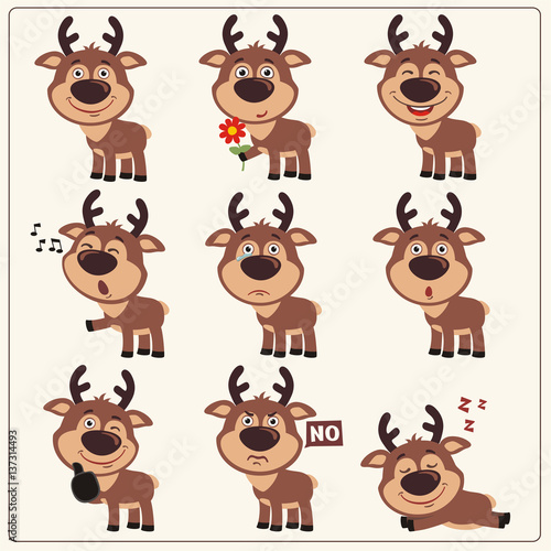 Funny little deer set in different poses. Collection isolated deer in cartoon style.