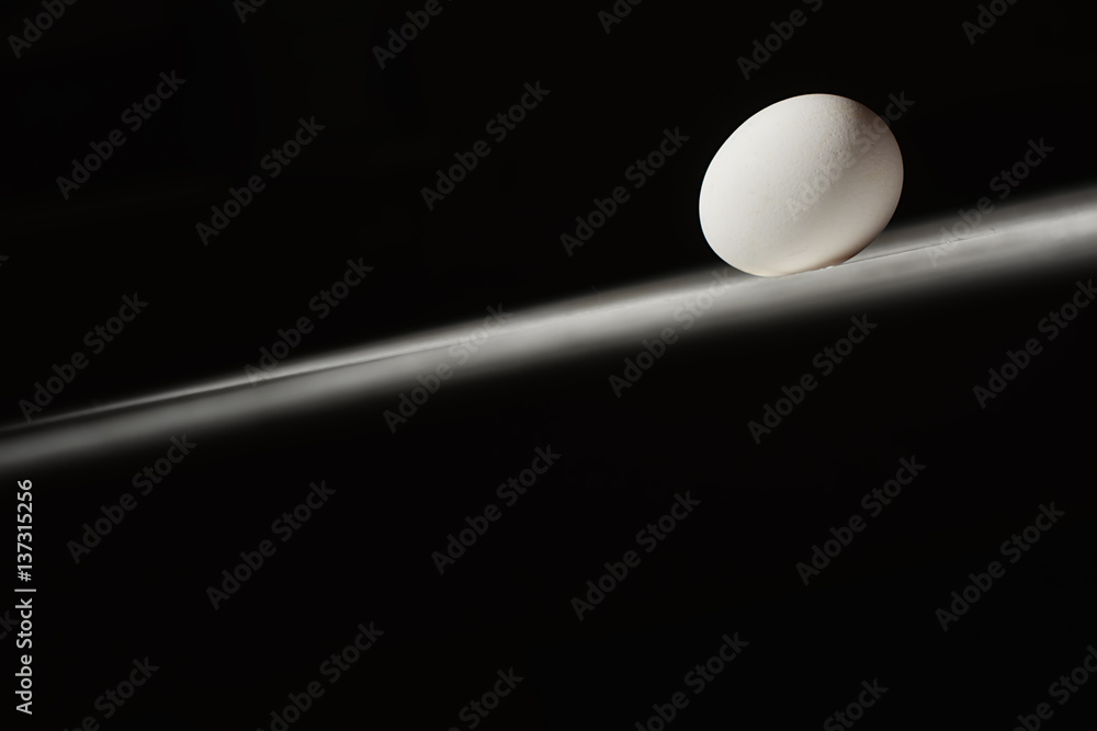 white chicken egg on a white table on a black background white chicken egg on a white table on a black background