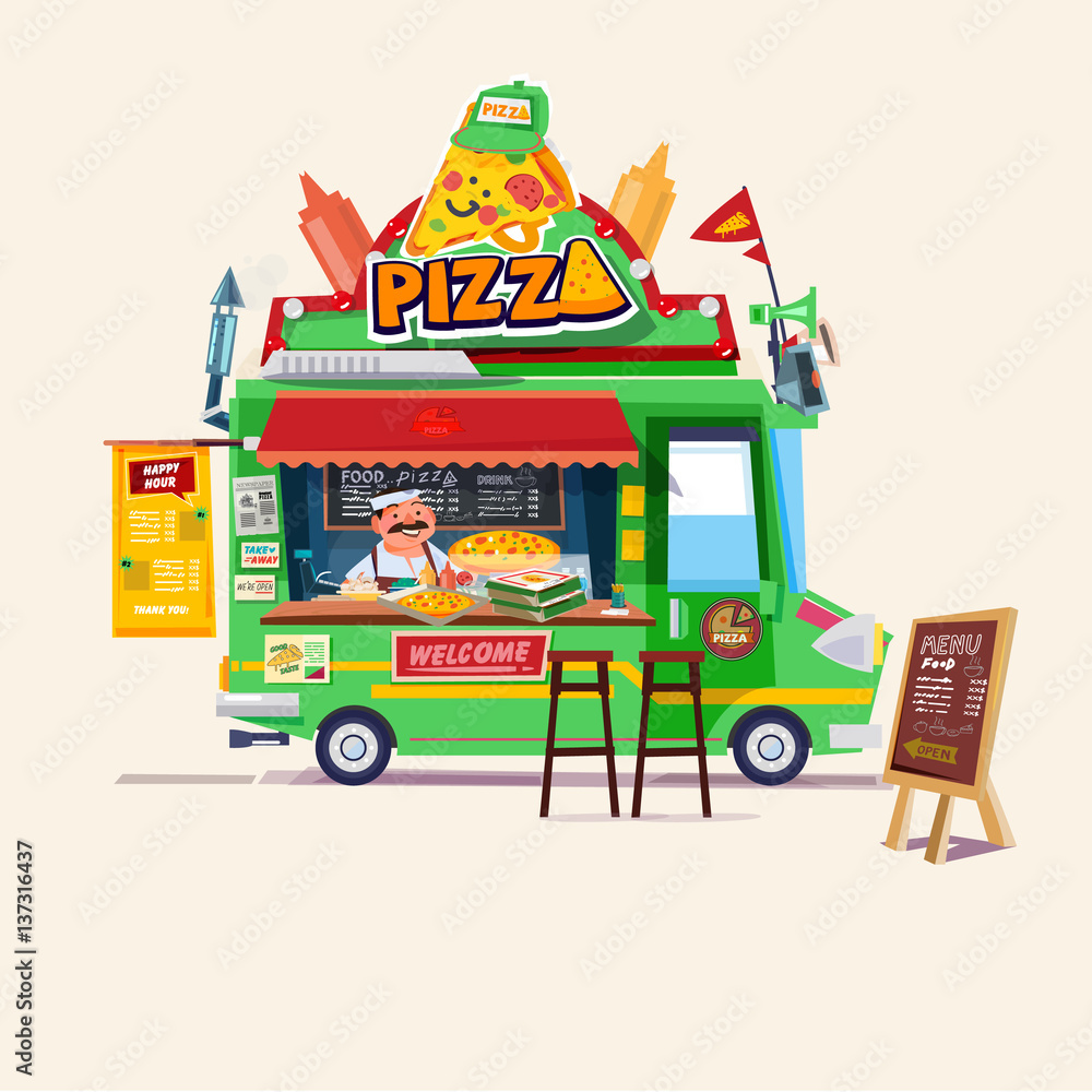 Pizza food truck.  Street food car with chef. character design - vector