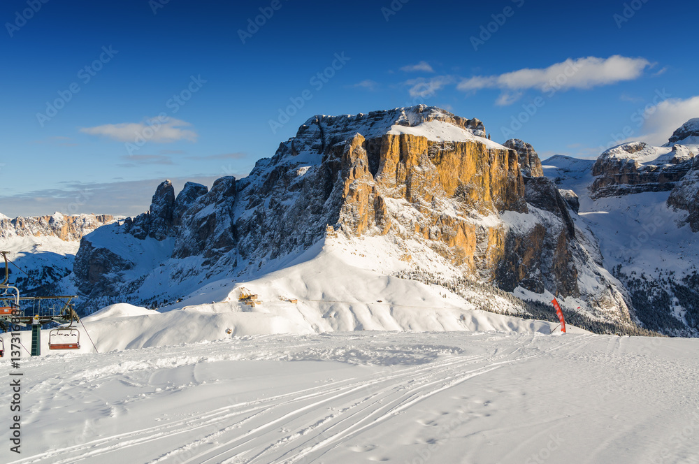 Morning view of Dolomites from  Belvedere valley near Canazei of Val di Fassa, Trentino-Alto-Adige region, Italy.