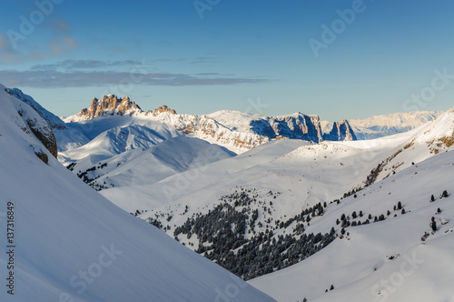Morning view of Dolomites from Belvedere valley near Canazei of Val di Fassa, Trentino-Alto-Adige region, Italy.