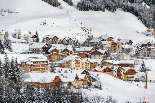 Cloudy view of Dolomites near Canazei of Val di Fassa, Trentino-Alto-Adige region, Italy.