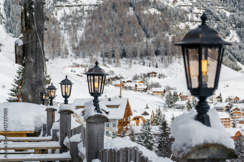 Cloudy view of outdoor cafe at Dolomites near Canazei of Val di Fassa, Trentino-Alto-Adige region, Italy.