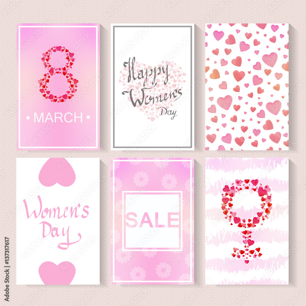 Vector collection of Women's Day cards, templates, posters and flyers with lettering on the knitting background.