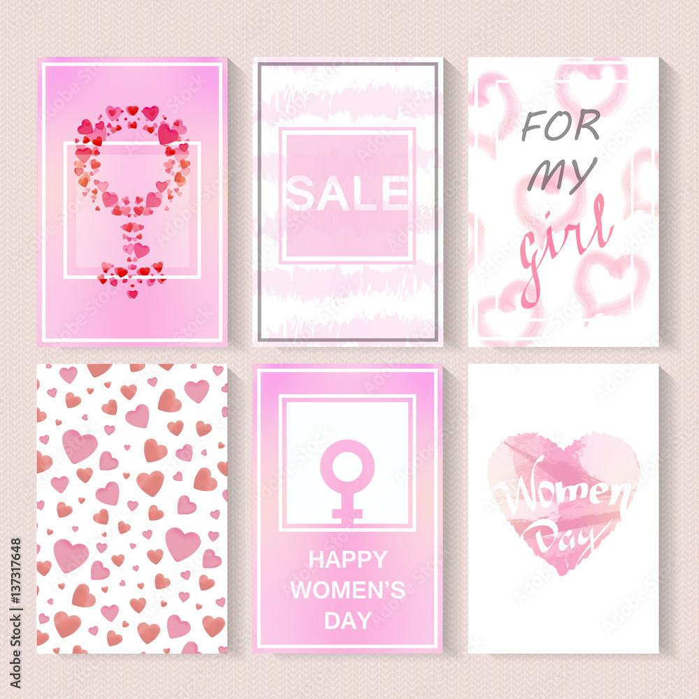 Vector collection of Women's Day cards, templates, posters and sale flyers in hand drawn design on the knitting background.