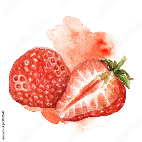 Hand painted watercolor illustration of strawberry cut in half with artictic stain in background photo