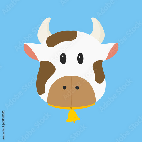 brown and white cow with bell vector illustration in blue background