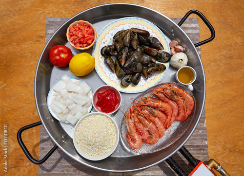 Seafood paella ingredients from Spain photo