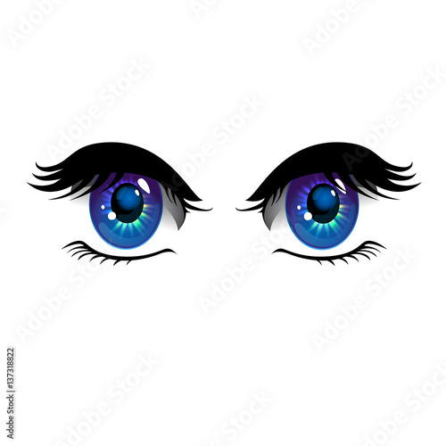 Cartoon eyes on white background. Anime style eyes with long eyelashes. Vector Illustration