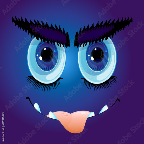 Cartoon anime monster face with big eyebrows, sharp teeth and sticking out tongue. Vector Illustration