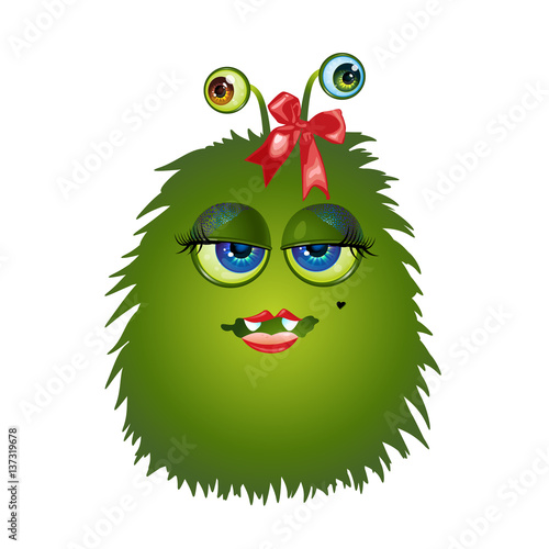 Cartoon anime furry female monster with red lips, blue eyes and pink bow. Vector Illustration