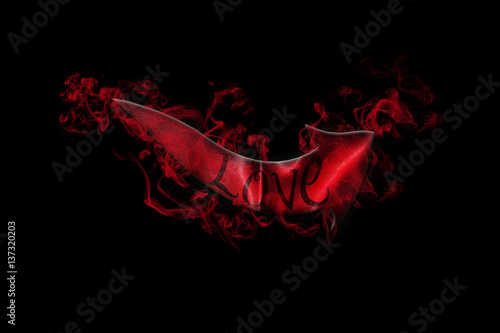 Love Concept. Arrow With Love Written On It Showing The Way On Black Background Full Of Red Smoke 3D illustration