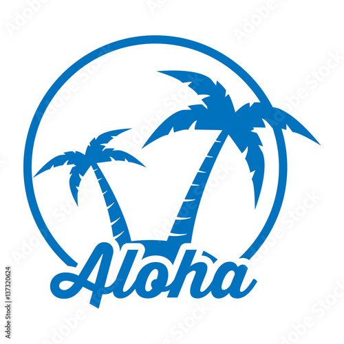 Icono plano Aloha en isla azul en fondo blanco