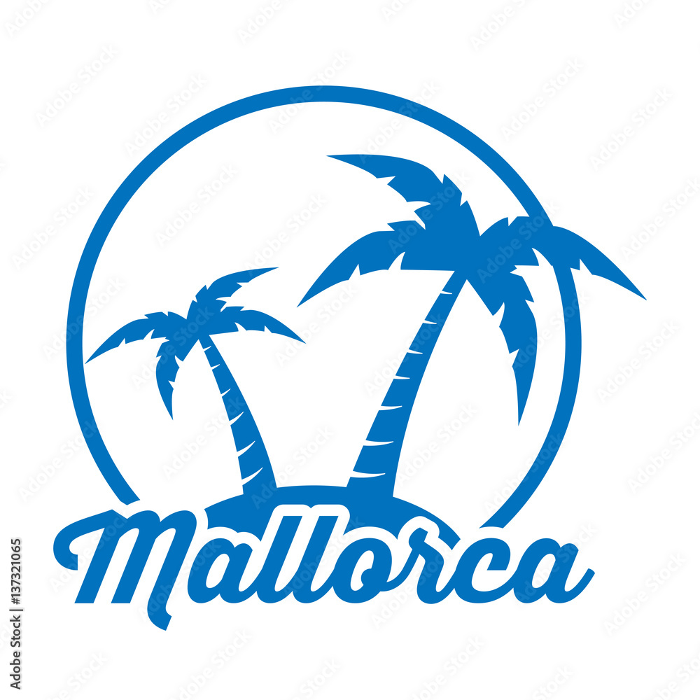 Icono plano Mallorca en isla azul en fondo blanco