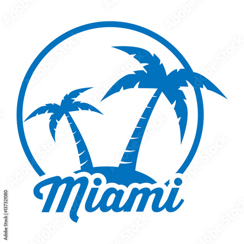 Icono plano Miami en isla azul en fondo blanco