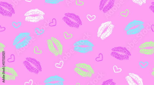 seamless pattern with kisses and hearts on bright pink background