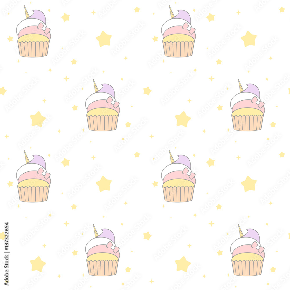 cute cartoon unicorn cupcake seamless vector pattern background illustration

