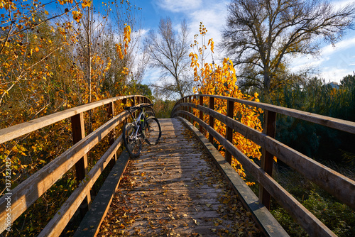 Fototapeta Naklejka Na Ścianę i Meble -  Autumn sunset bike on bridge Parque de Turia